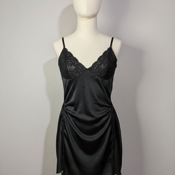 Depotssjoy Other - Black Satin Lace Mini Nightgown Ruched Sides Single Strap Chemise